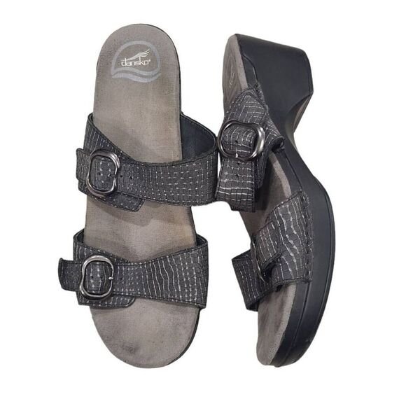 Dansko Crocodile Wedge Sandals Womens EU 41 Gray Genuine Leather Straps Slide On - Picture 1 of 8